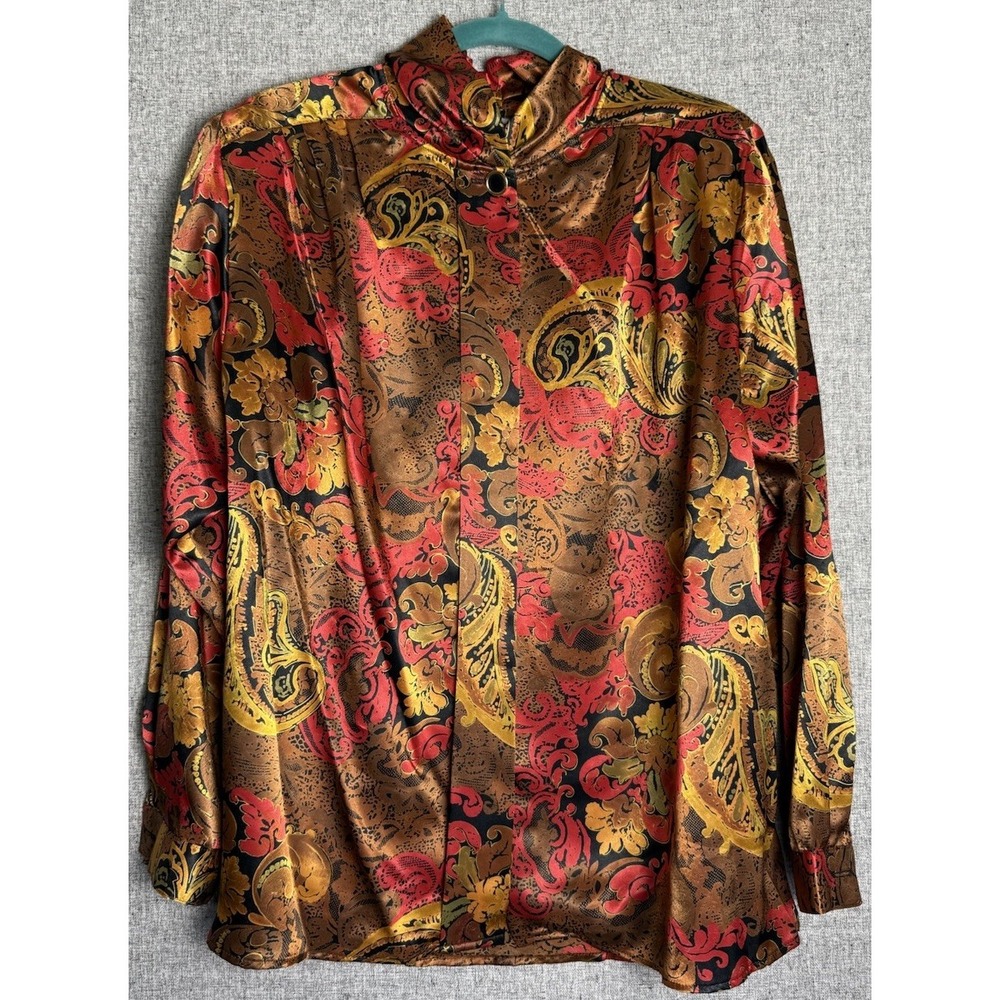Vintage 80s 90s Paisley Floral Blouse Pleated Long Sleeve Red Gold‎ Black XXL 16